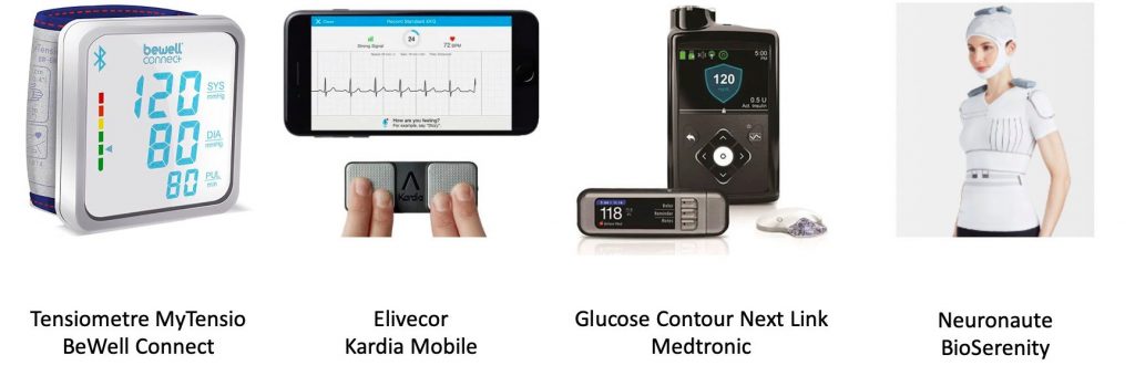 Des objets connectés sur le monitoring de long terme : Tensiometre MyTensio BeWell Connect, Elivecor Kardia Mobile, Glucose Contour Next Link Medtronic, Neuronaute BioSerenity