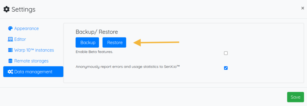 Save / restore feature of WarpStudio