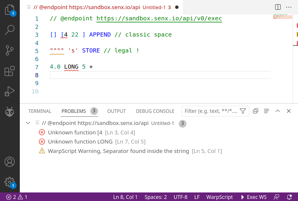 vscode error and warnings for warpscripts