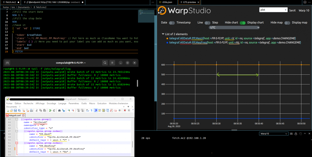 capture of the result, with code of the left, the result in WarpStudio on the right, and an additional window of a notepad++