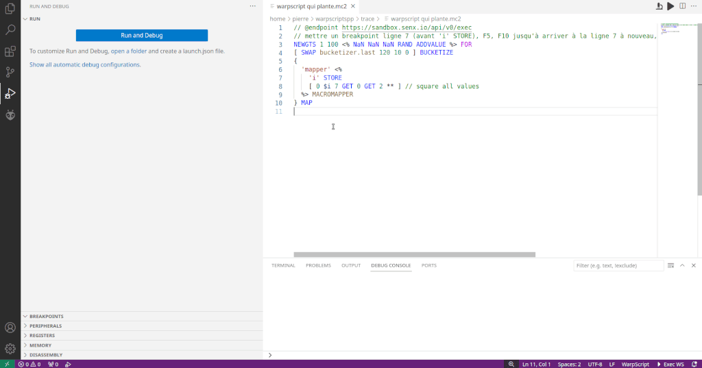 The code debugger on VSCode